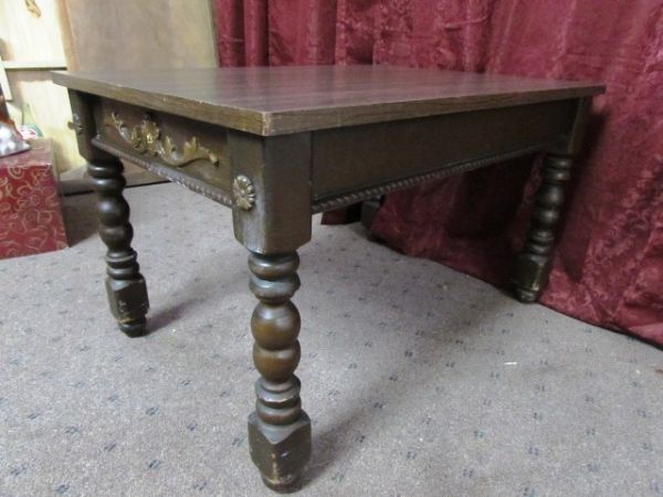 VINTAGE SIDE TABLE WITH PRETTY SCROLL WORK.