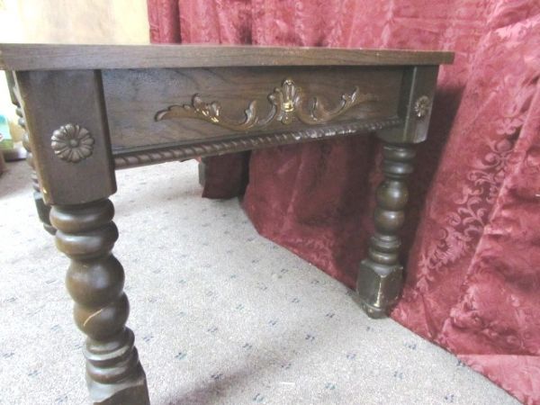 VINTAGE SIDE TABLE WITH PRETTY SCROLL WORK.