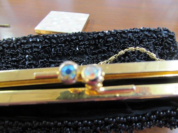 FABULOUS STATEMENT PURSE  & COMPACT WITH BEADS & MOTHER OF PEARL
