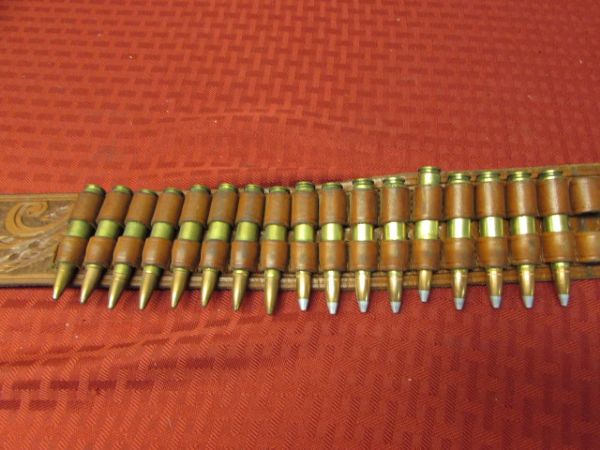 TOOLED LEATHER AMMO BELT WITH .308 BULLETS