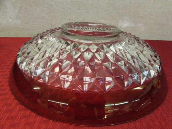 VINTAGE INDIANA DIAMOND POINT RUBY RED CHIP & DIP SET, HOSTESS GLASSWARE & MUSIC BOX 