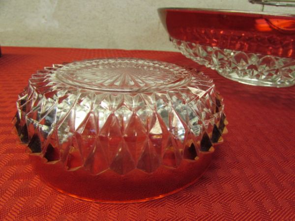 VINTAGE INDIANA DIAMOND POINT RUBY RED CHIP & DIP SET, HOSTESS GLASSWARE & MUSIC BOX 