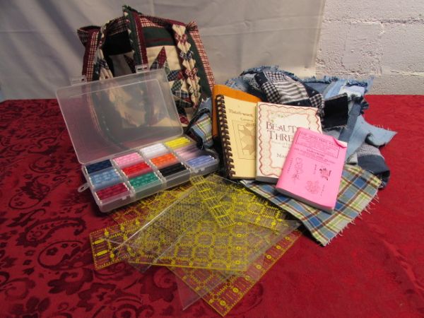 COZY COUNTRY QUILTING SUPPLIES! BAG, THREAD, BOOKS, GRIDS/RULERS & UNFINISHED QUILT