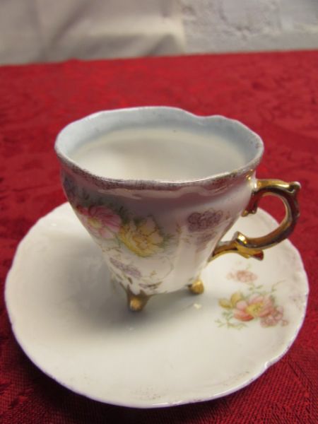 TEA PARTY TIME! DELICATE MINIATURE TEACUP & SAUCER SETS, 2 DINNER PLATES, SOAP DISH & SWAN