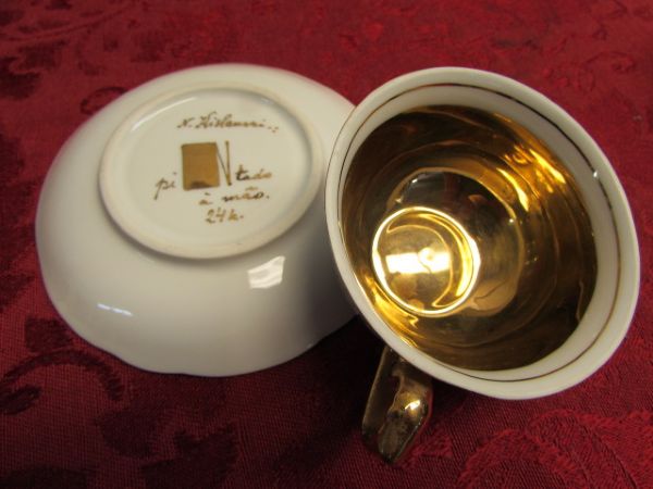 TEA PARTY TIME! DELICATE MINIATURE TEACUP & SAUCER SETS, 2 DINNER PLATES, SOAP DISH & SWAN