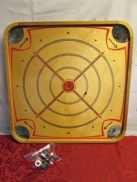 FUN & GAMES! WOODEN CARROM BOARD GAME WITH PIECES