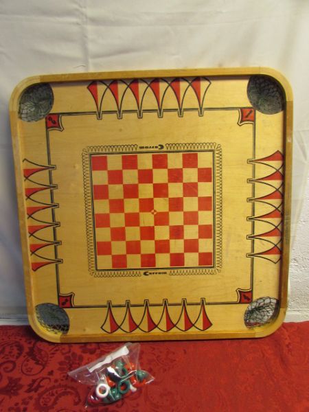 FUN & GAMES! WOODEN CARROM BOARD GAME WITH PIECES
