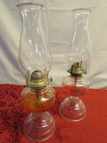 TWO 16.5 TALL VINTAGE HURRICANE LAMPS 