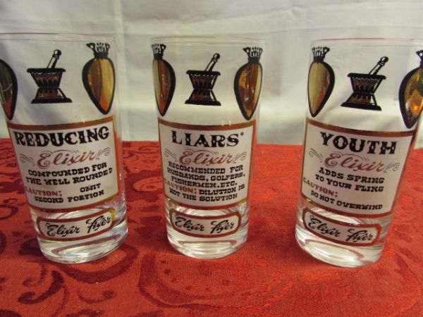 ELIXIR DRINKING GLASSES FOR EVERYTHING THAT AILS YOU, OLD GLASS MEDICINE BOTTLES & HOT WATER BOTTLE