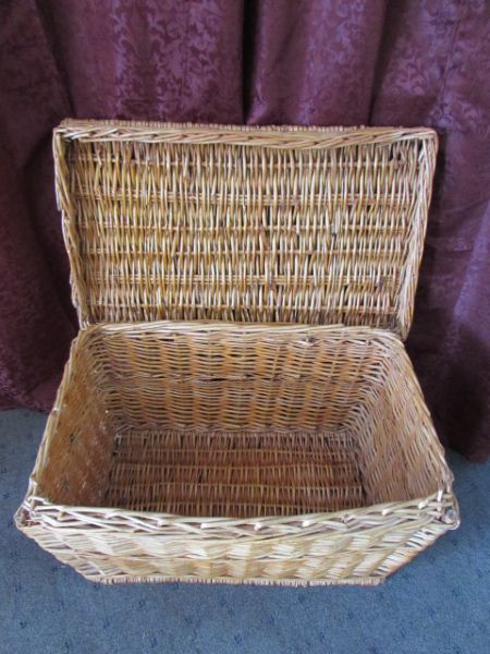 A WICKER CHEST FULL OF TREASURES! VINTAGE TABLE LINENS, CHENILLE THROW, HAND BAGS & MORE