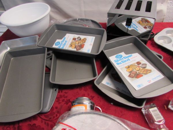 HUGE LOT OF KITCHEN PANS, TOASTER, BAKER'S SPECIAL UNUSED ITEMS!
