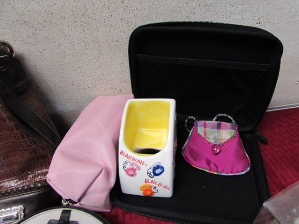VARIETY LOT WITH GIFT BAGS, PURSES, JEWELRY CASE, SEWING BOX & LOTS MORE
