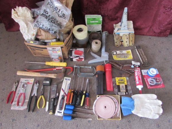 TOOLS, LG BOX OF 3 WOOD SCREWS, FENCE CLIPS & LOTS MORE