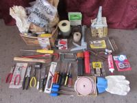 TOOLS, LG BOX OF 3" WOOD SCREWS, FENCE CLIPS & LOTS MORE