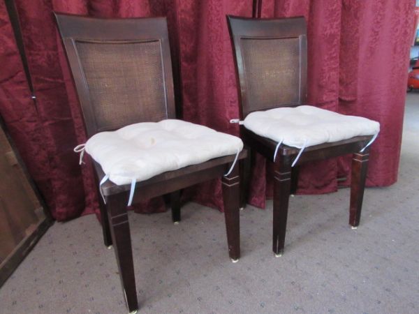TWO ATTRACTIVE, STURDY WOOD SIDE CHAIRS WITH SEAT CUSHIONS