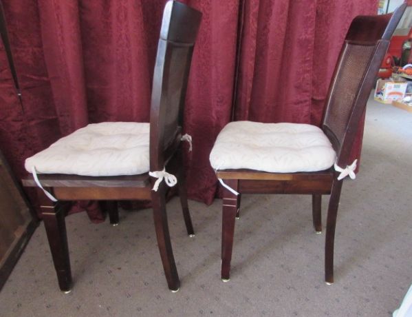 TWO ATTRACTIVE, STURDY WOOD SIDE CHAIRS WITH SEAT CUSHIONS
