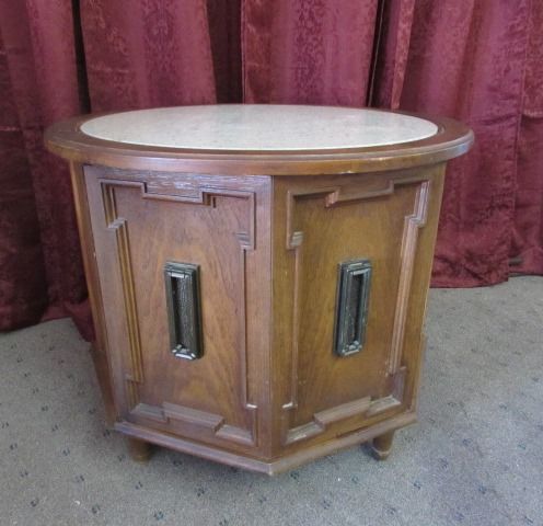 OCTAGON SHAPED DRUM SIDE TABLE WITH  MARBLE TOP