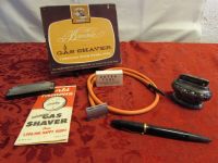 UNIQUE VINTAGE ITEMS - GAG GIFT- BROWNIE GAS SHAVER, SILVER PLATED LIGHTER, NIB FOUNTAIN PEN  & HARMONICA