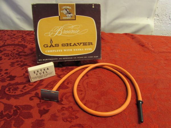 UNIQUE VINTAGE ITEMS - GAG GIFT- BROWNIE GAS SHAVER, SILVER PLATED LIGHTER, NIB FOUNTAIN PEN  & HARMONICA