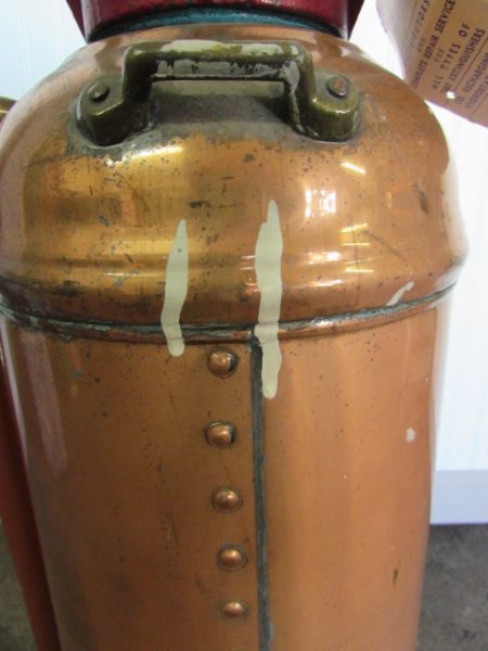 VINTAGE THE BUFFALO COPPER WITH BRASS PLATE FIRE EXTINGUISHER 