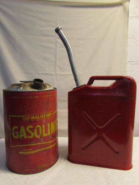 FILL 'ER UP! VINTAGE METAL 6.5 GALLON GAS CAN & JERRY CAN