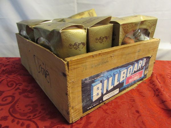 RETRO WOODEN CRATE FULL OF VICTORIAN  CHRISTMAS ORNAMENTS