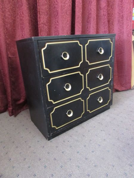 MATCHING BLACK & GOLD LACQUERED WOOD 3 DRAWER DRESSER