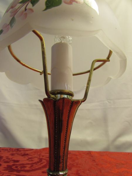 RETRO UPHOLSTERED STOOL, BRASS FINISH DESK LAMP & WOOD FRAMED WALL CLOCK
