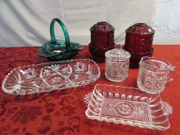 ANTIQUE RUBY GLASS FAIRY LAMP/CANDLE HOLDERS, TEAL JD GLASS BASKET, CRYSTAL CREAM & SUGAR & MORE