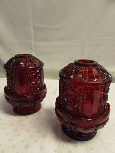 ANTIQUE RUBY GLASS FAIRY LAMP/CANDLE HOLDERS, TEAL JD GLASS BASKET, CRYSTAL CREAM & SUGAR & MORE