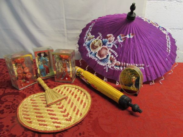 LOVELY JAPANESE COLLECTABLES!  MID-CENTURY DOLLS & PARASOLS
