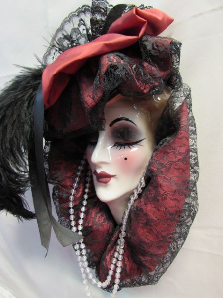 ELEGANT PORCELAIN WOMAN WITH FOUR SILK FLOWER SWAGS WITH LACE, PEARLS, RIBBON AND  FEATHERS!