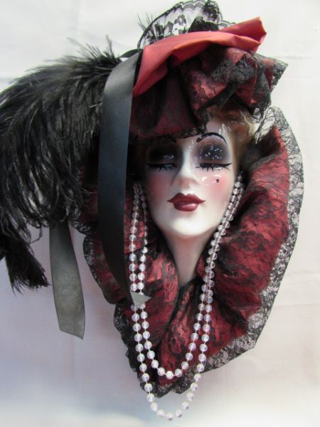 ELEGANT PORCELAIN WOMAN WITH FOUR SILK FLOWER SWAGS WITH LACE, PEARLS, RIBBON AND  FEATHERS!