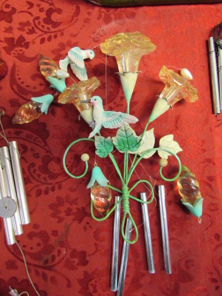WIND CHIMES, GRACEFUL DANCER & THREE CERAMIC FLOWER POTS IN A TRAY