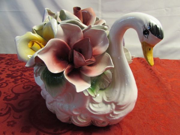 FLOWERS ALL YEAR ROUND!  VINTAGE CAPODIMONTE PORCELAIN SWAN WITH FLOWERS