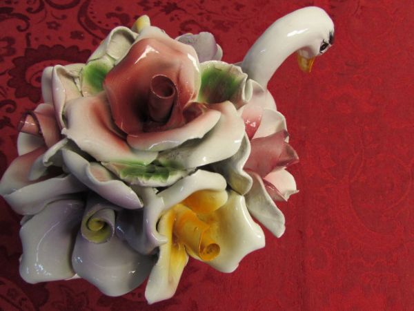 FLOWERS ALL YEAR ROUND!  VINTAGE CAPODIMONTE PORCELAIN SWAN WITH FLOWERS
