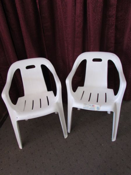 RELAX ON THE PATIO IN THESE 2 DELUXE STACKING ARM CHAIRS