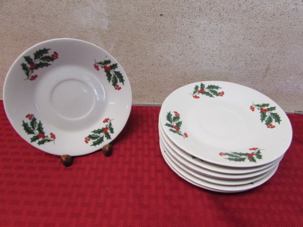 HOLLY DESIGN CHRISTMAS PLATES WITH CAKE SERVER, SOUP TUREEN & MORE