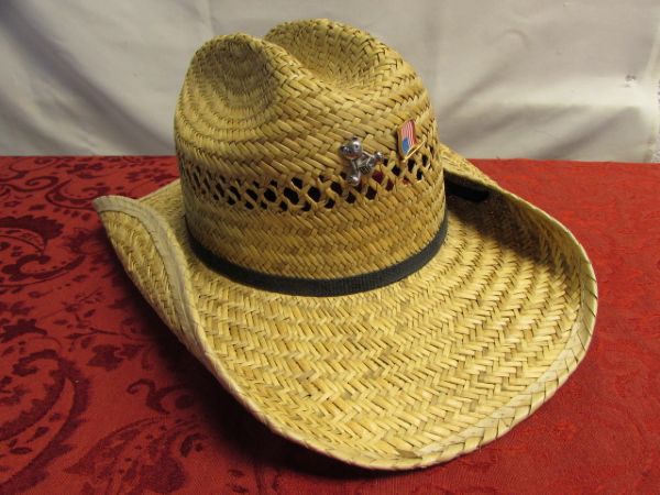 MEN'S HATS FOR ALL OCCASIONS, MOUNTAIN MAN POWDER HORN & NEVER WORN PJ'S & SHIRTS