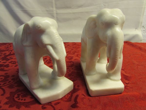 TWO HAND CARVED MARBLE ELEPHANTS