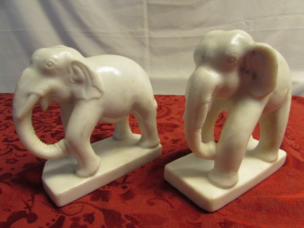TWO HAND CARVED MARBLE ELEPHANTS