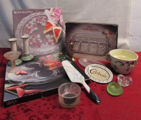 CANDLELIGHT DINNER PARTY! THREE NEVER USED GLASS SERVING TRAYS, CANDLE STICKS & HOLDERS, MIKASA PIE SERVER & . . . . . .