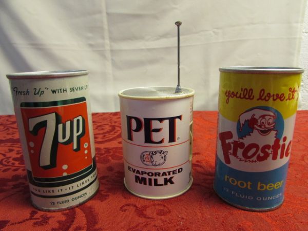 VINTAGE COLLECTABLE 7 UP & FROSTIE ROOTBEER PULL TAB CANS & PET EVAPORATED MILK TRANSISTOR RADIO