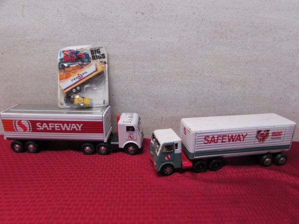 TWO SAFEWAY TIN TRACTOR TRAILER TOY BIG RIGS & DIECAST PENNZOIL TOY BIG RIG