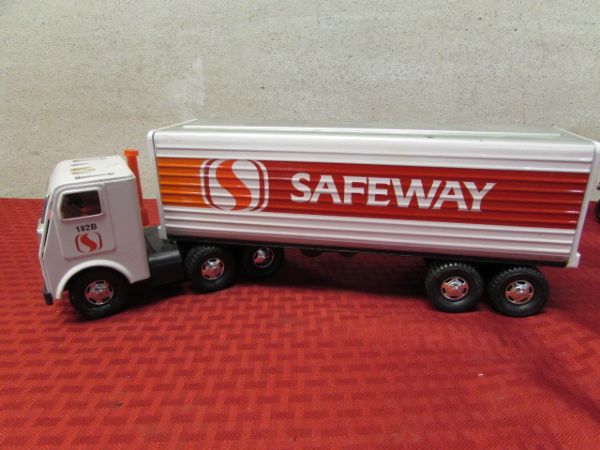TWO SAFEWAY TIN TRACTOR TRAILER TOY BIG RIGS & DIECAST PENNZOIL TOY BIG RIG