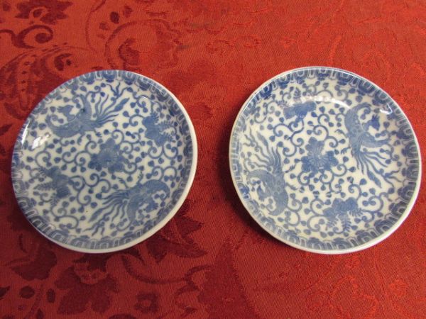 CURRIER & IVES TRANSFER WARE, SMALL BLUE WILLOW SAUCERS & MORE 