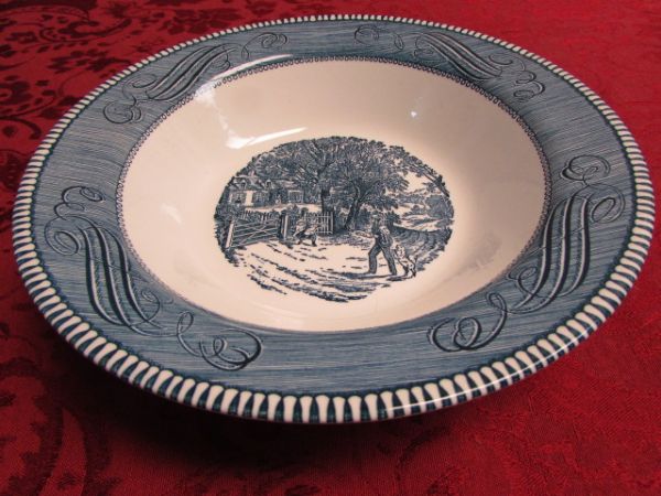 CURRIER & IVES TRANSFER WARE, SMALL BLUE WILLOW SAUCERS & MORE 
