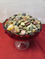 VINTAGE RUBY RED CANDY DISH OVERFLOWING WITH TUMBLED ROCKS