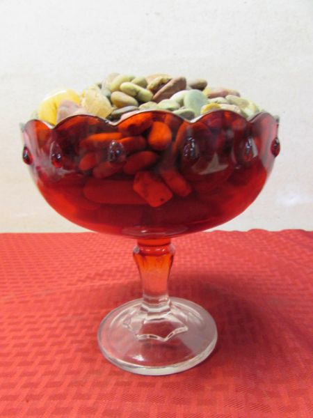 VINTAGE RUBY RED CANDY DISH OVERFLOWING WITH TUMBLED ROCKS