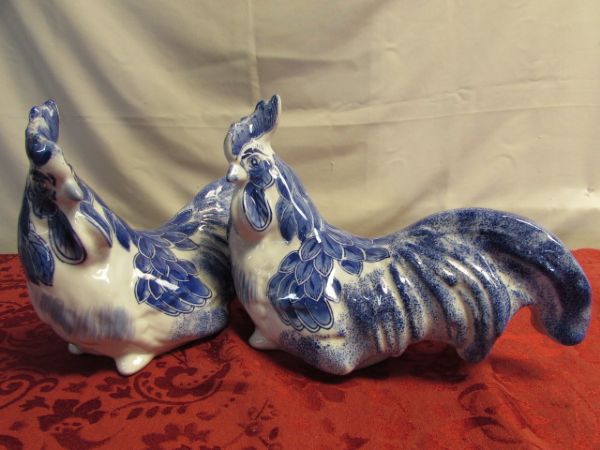 BEAUTIFUL BLUE & WHITE PORCELAIN ROOSTERS